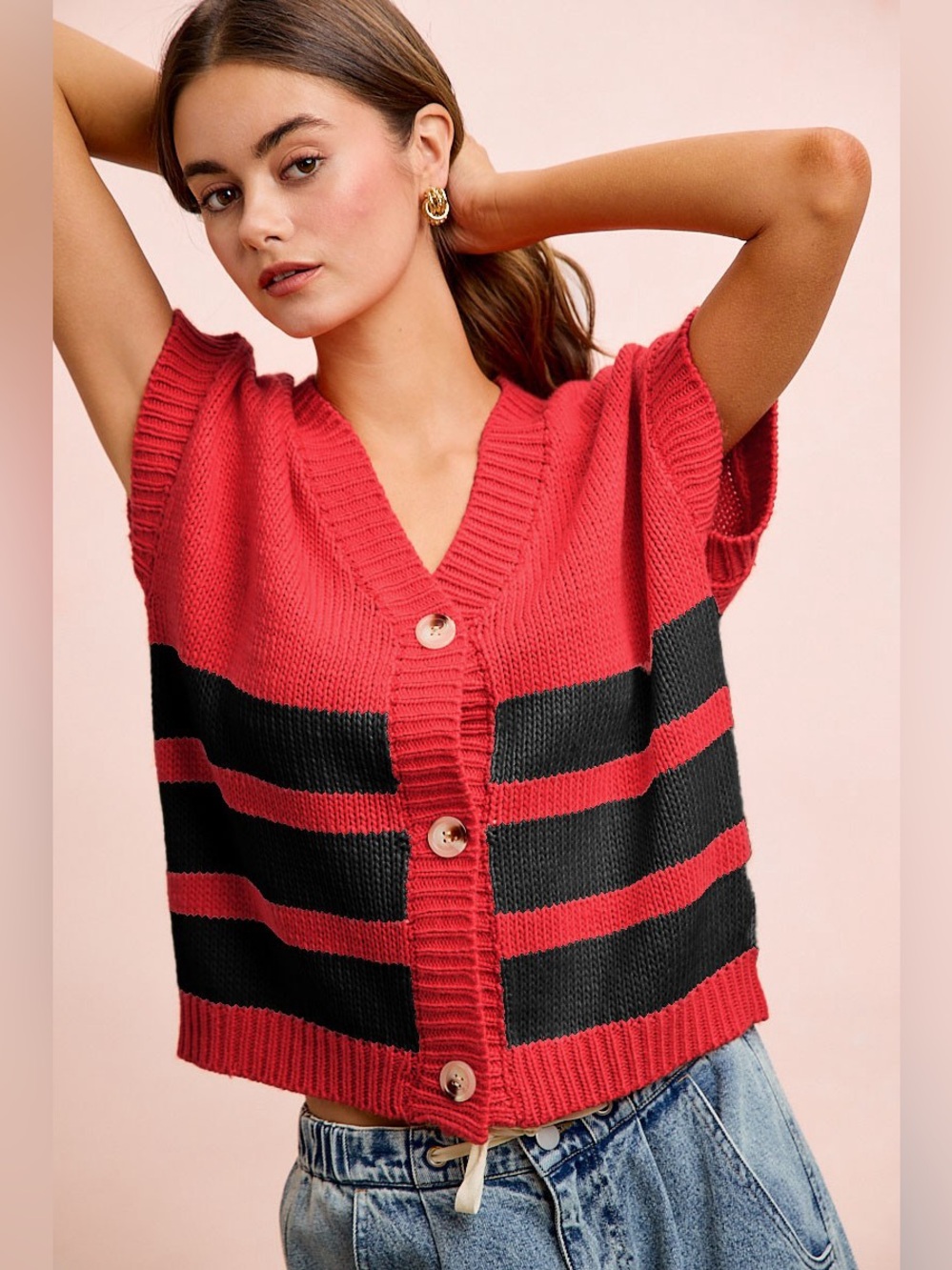 BiBi Game Day Theme Stripe Buttoned V Neck Knit Cardigan 10010058964